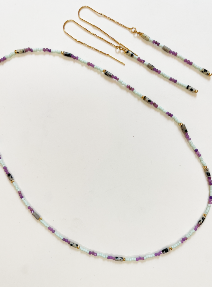 Collier Ella jaspe dalmatienne et perles miyuki vert d'eau - lépidolite