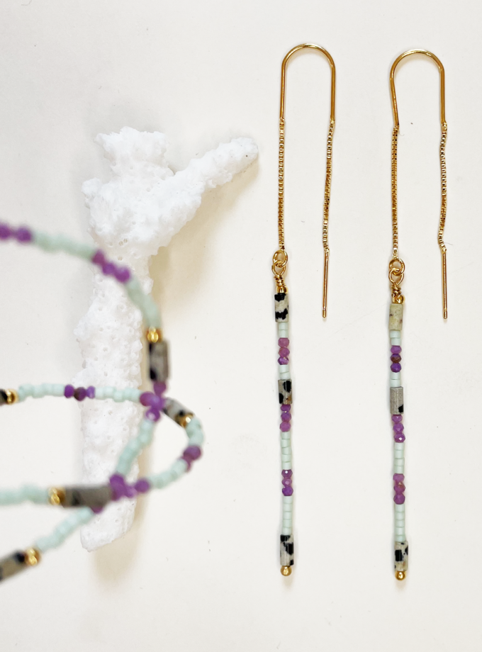 Collier Ella jaspe dalmatienne et perles miyuki vert d'eau - lépidolite