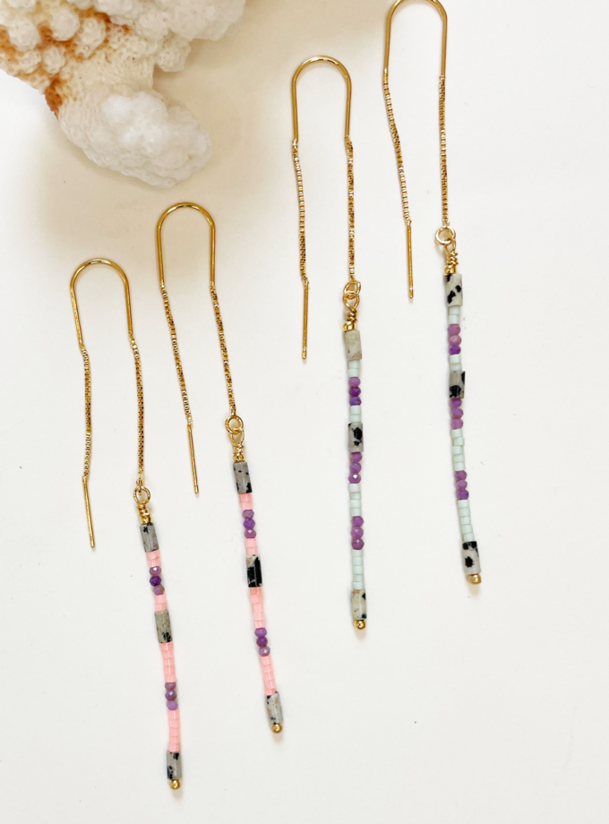 Bo longues Ella jaspe dalmatienne, miyuki vert d'eau et lépidolite