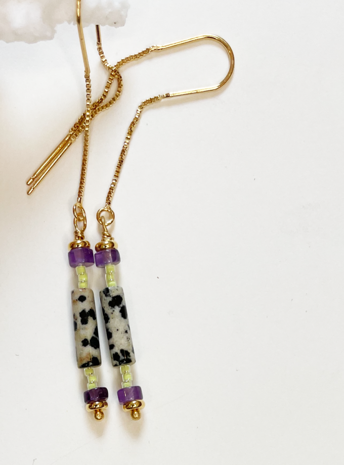 Bo longues Lily perles de jaspe dalmatienne, miyuki limonade, améthiste