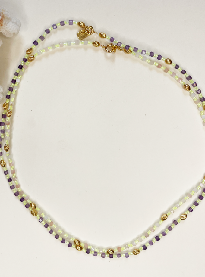 Collier Lila perles quartz rose et miyuki limonade