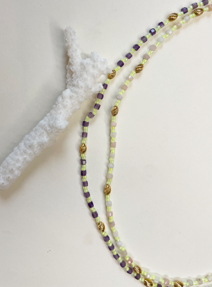 Collier Lila perles quartz rose et miyuki limonade