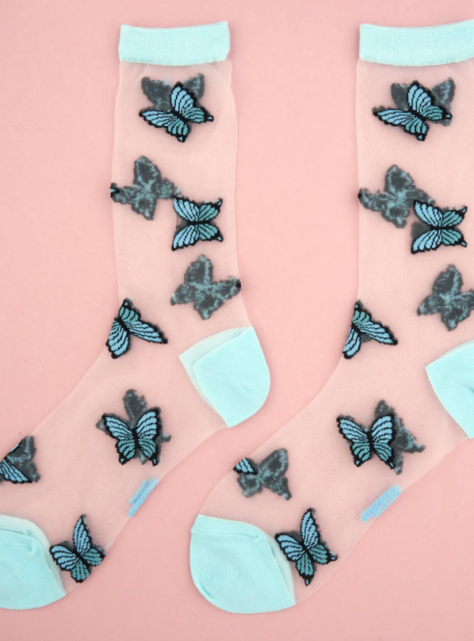 Chaussettes transparentes Papillon bleu